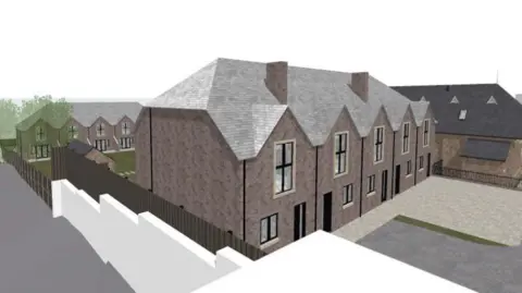 Nuplace Ltd/Telford and Wrekin Council 
An artist's impression of the new housing, showing two rows of five houses at the back of the school house.